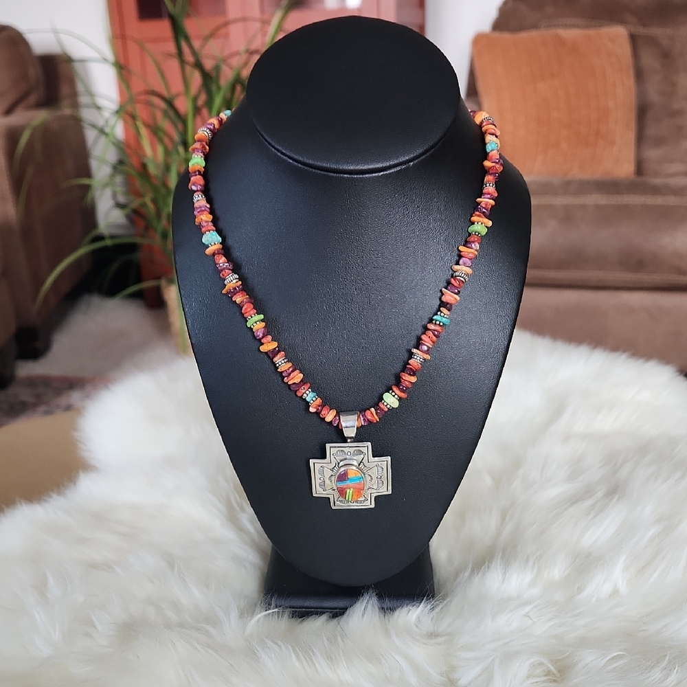Amazing Native American Navajo Inlaid Pendant Necklace By Melvin Francis 💙🧡💜